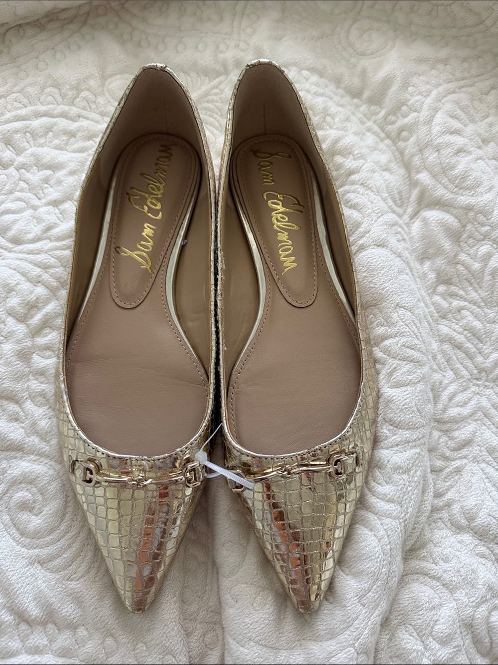 Sam Edelman Gold Metallic Croc-Embossed Pointed Toe Flats